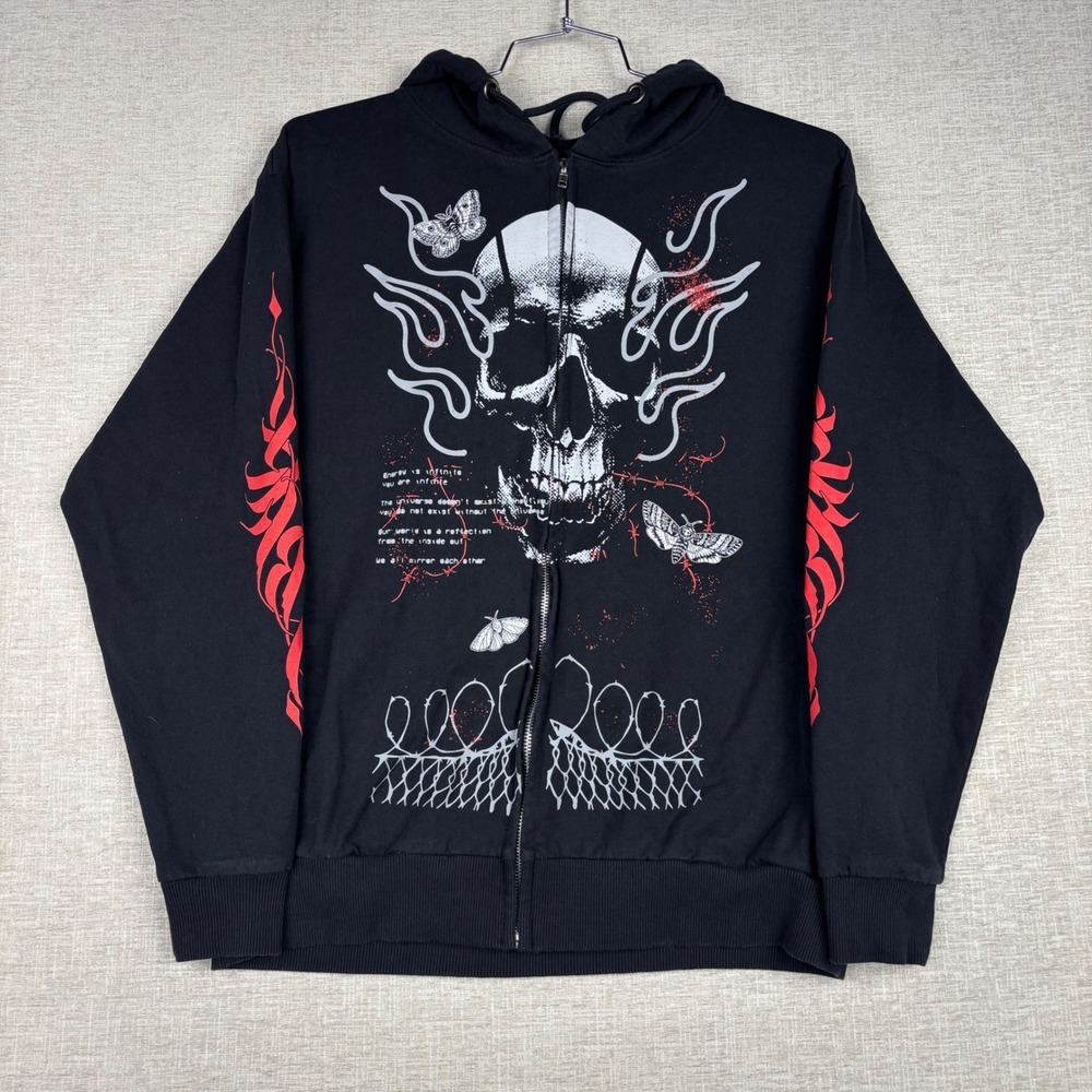 Thirty Single Mens Grunge Skull Graphic Goth Zip Up Hoodie Black Red Large